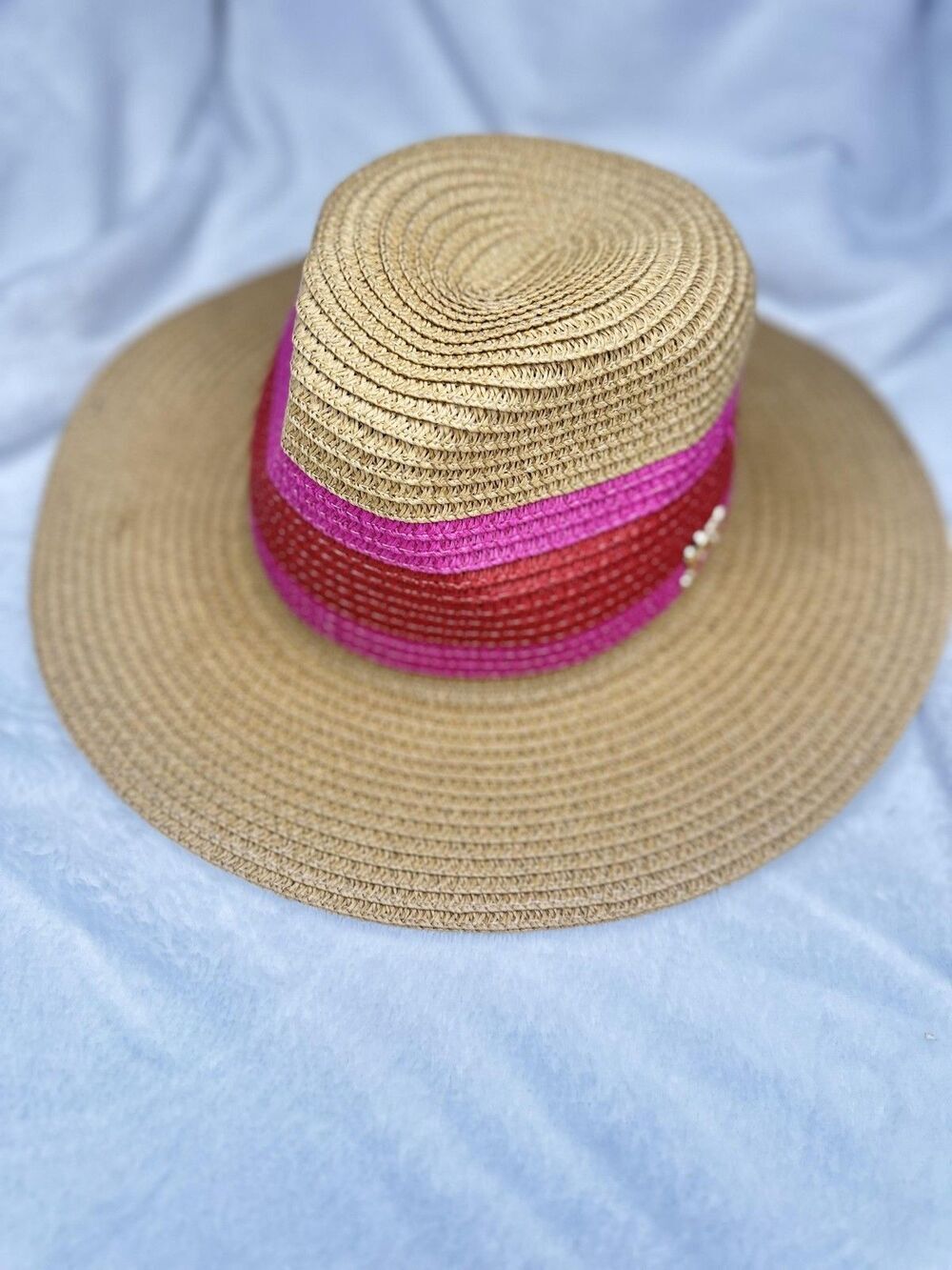 Juicy Couture Hat Sun Womens One Size Beige Straw Wide Brim Pink Stripe Logo
